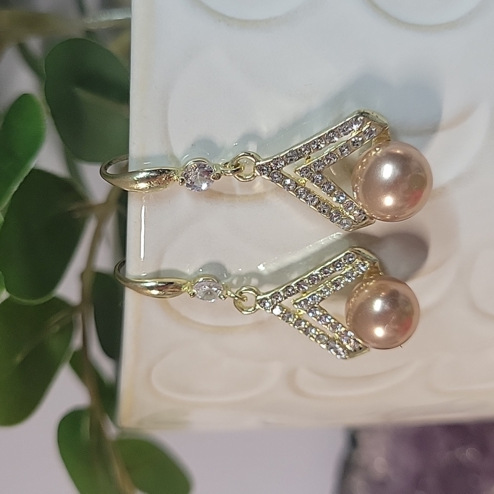 Gold Pearl Drop Earrings with Clear Crystal Accents